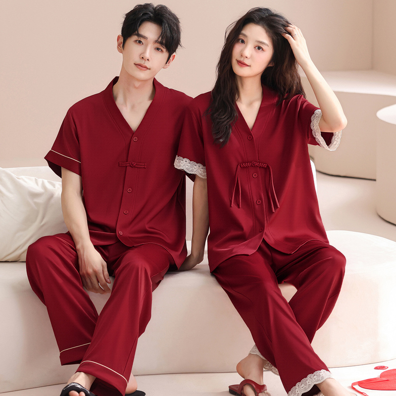 New Chinese Style Two-Piece Summer Pure Cotton Wedding Couple Pajamas Red Newlywed Zodiac Year Home Wear Set
