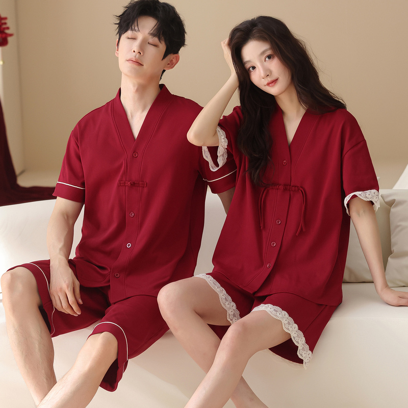 Plus Size Summer Wedding Pure Cotton Couple Pajamas Red Short-Sleeved Cardigan New Chinese Style Extra Large Size Set