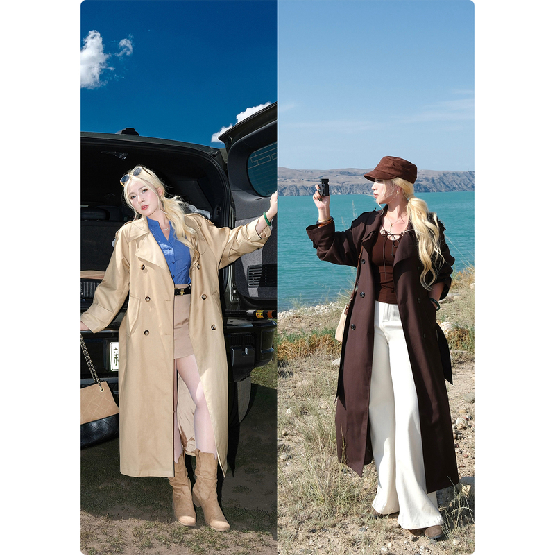Nuomizi [Paris Street] Double-Breasted Long Coat for Women, Autumn Style, Elegant Lapel, Belted Trench Coat for Spring and Autumn