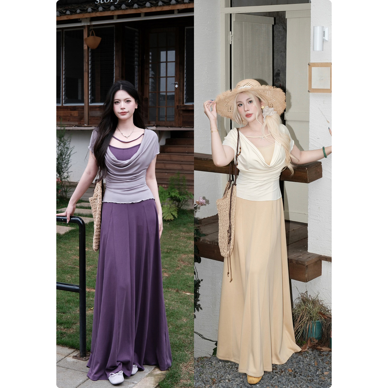 Nuomizi [April Story] Mock Two-Piece Patchwork Long Dress with a Flared Neckline, Plus-Size, Slimming, Cool and Refreshing Dress