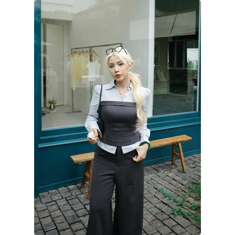 Nuo Mazi [Korean Style] Korean-Style High-End Fake Two-Piece Shirt, Autumn Color-Blocking, Waist-Cinching, Slimming, Versatile Top