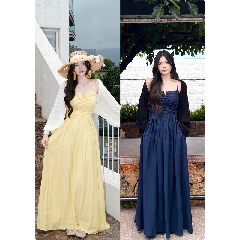 Nuomizi [Long Island Iced Tea] French Seaside Resort Style Spaghetti Strap Long Dress for Women, Summer Dress for Slightly Plump Women, Long Dress