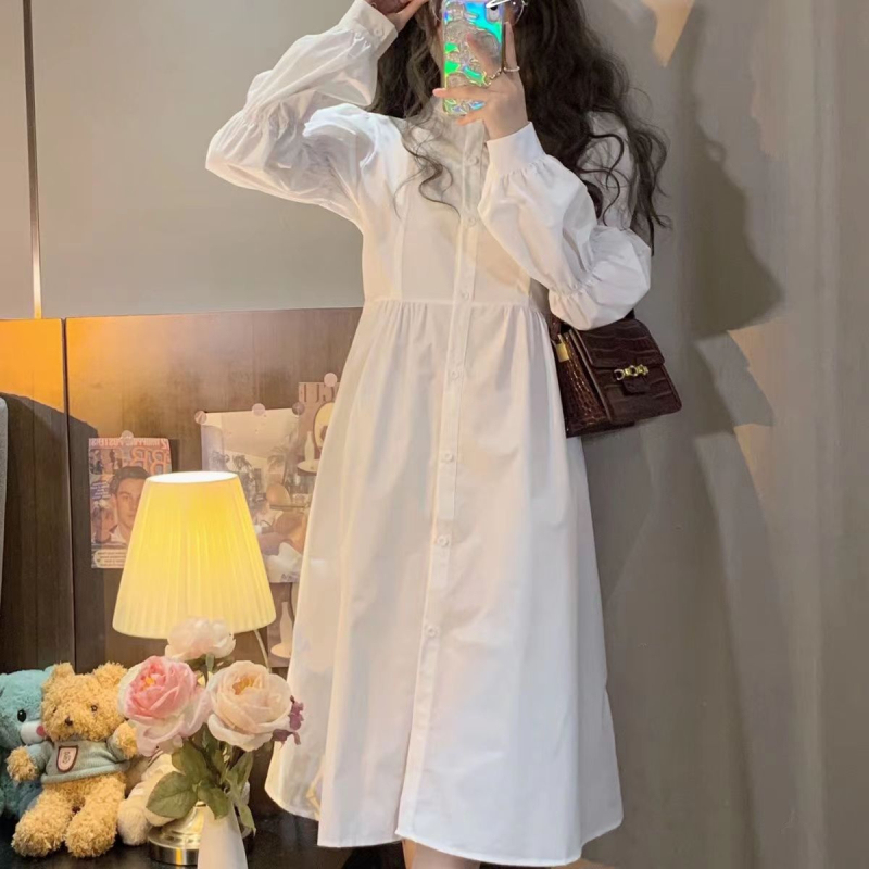 French First Love Style White Long-Sleeved Shirt Dress 2023 Spring and Summer New Style Preppy Style Waist-Cinching Long Skirt French First Love Style White Long-Sleeved Shirt Dress 2023 Spring and Summer New Style Preppy Style Waist-Cinching Long Skirt