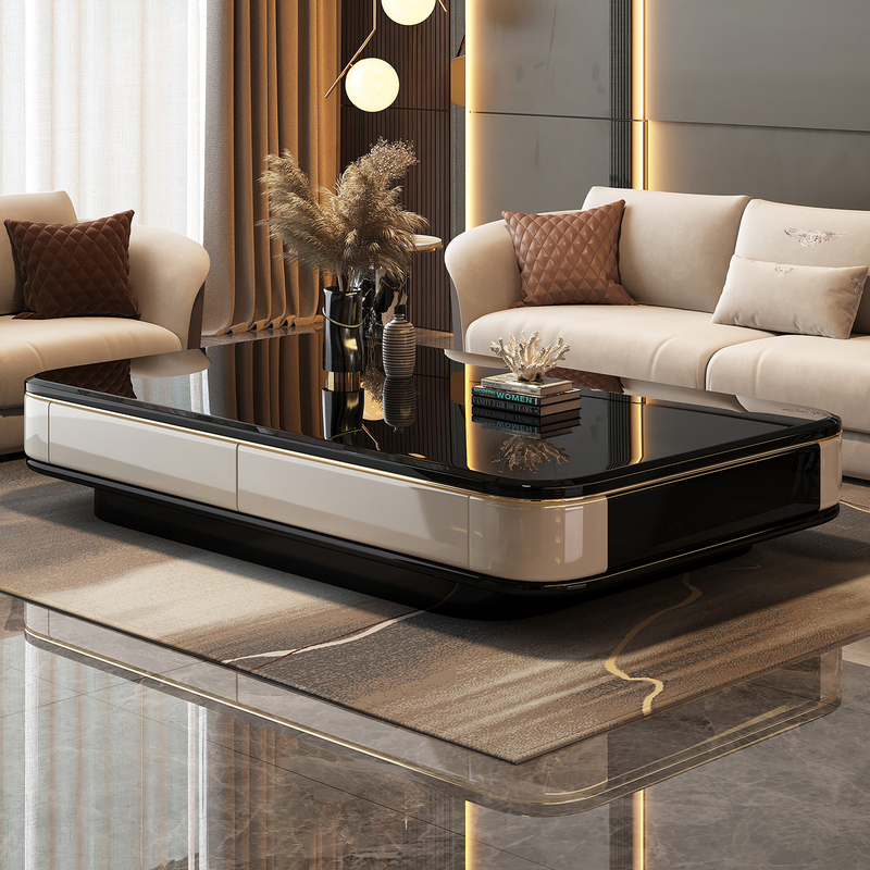 Modern Minimalist Large Coffee Table with Rock Slab Tempered Glass 2026 New Designer Black Glass Table 1.5 Extended Length