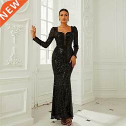 European and American sexy tight long sequins long -sleeved banquet wedding birthday party evening dress party dress