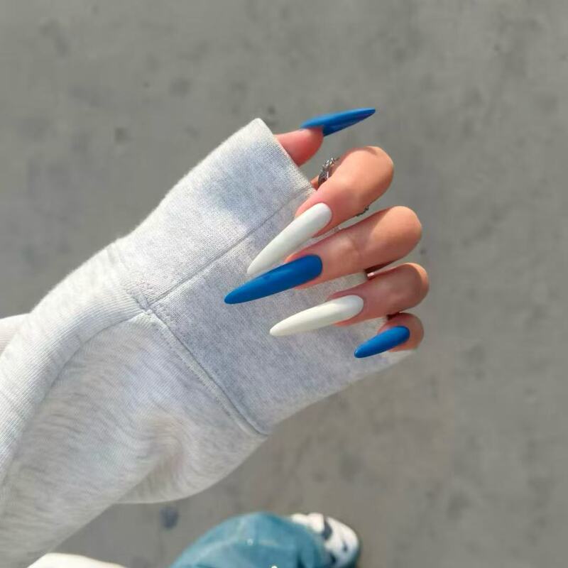 【Blue and White Cool Island】Klein Blue Milky White Solid Color Gradient Minimalist Extra Long 40mm Y2K Hot Girl Wearable Nail Art