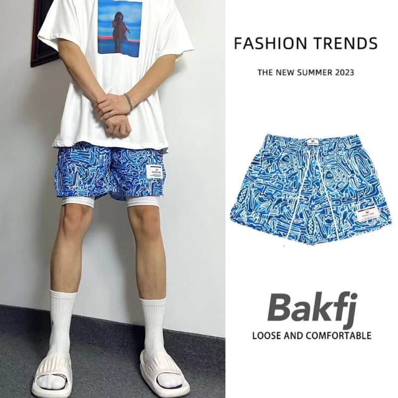 Summer Graffiti American Shorts Training Trendy Brand Retro Basketball Quarter Pants Men's Knee-Length Quick-Drying Mesh Fitness Pants