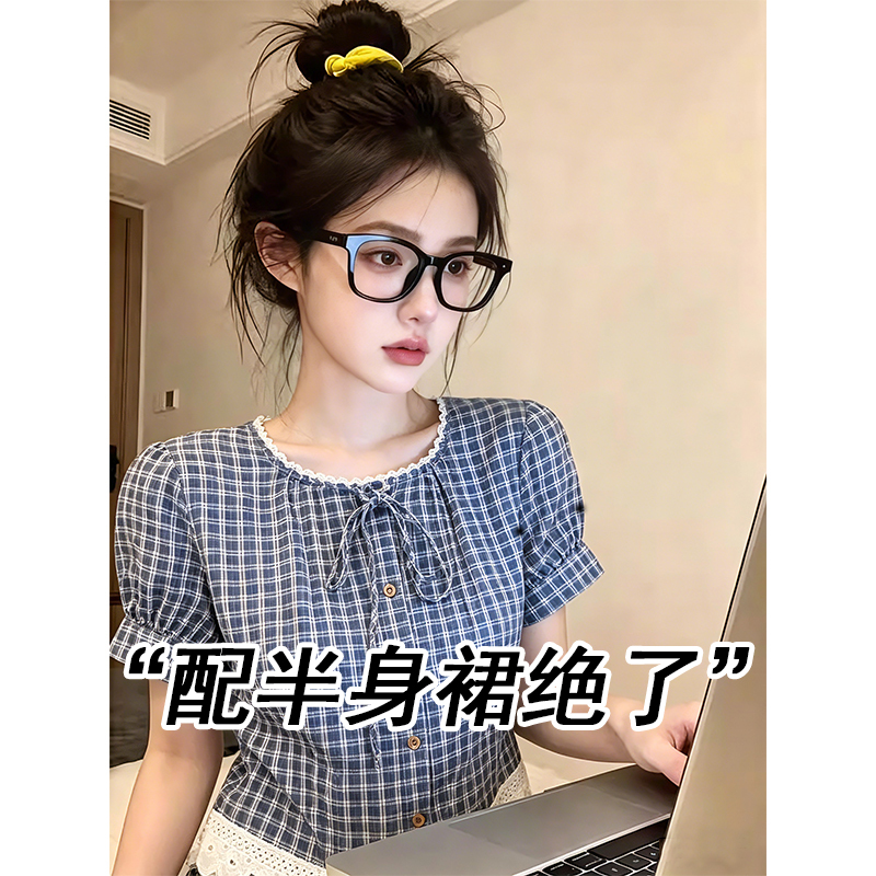 Atmospheric Retro Lace Splicing Plaid Blue Short-Sleeved Shirt for Women, New Summer Style Slim Fit Niche Tie-Up Top