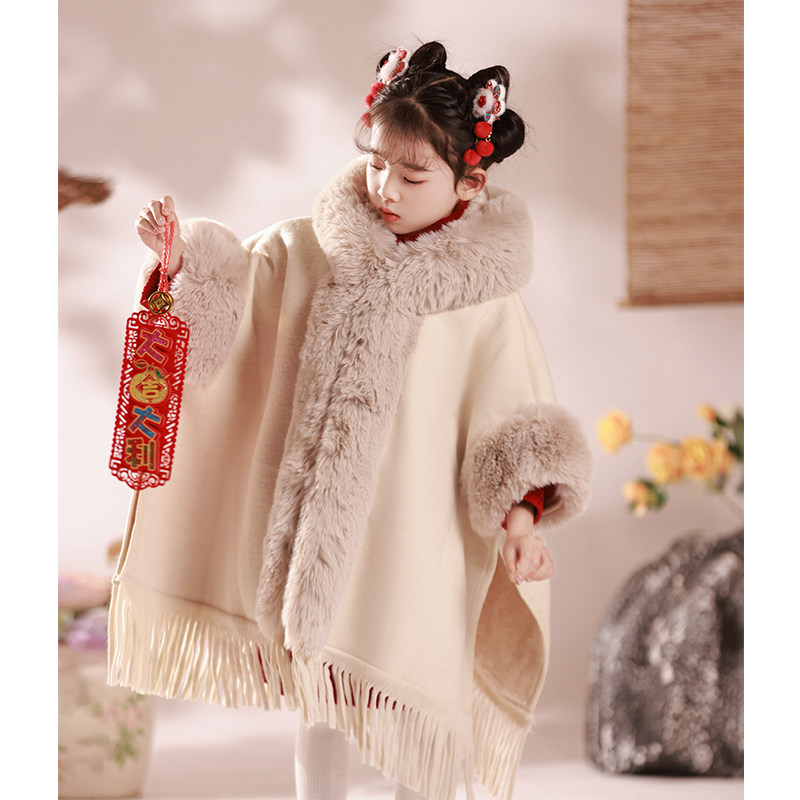 Girl Cloister Cape Hood Autumn Winter Child Hanfu Shawl Shoulder Gush Thickening Outside Windproof Warm Jacket New Chinese-Taobao