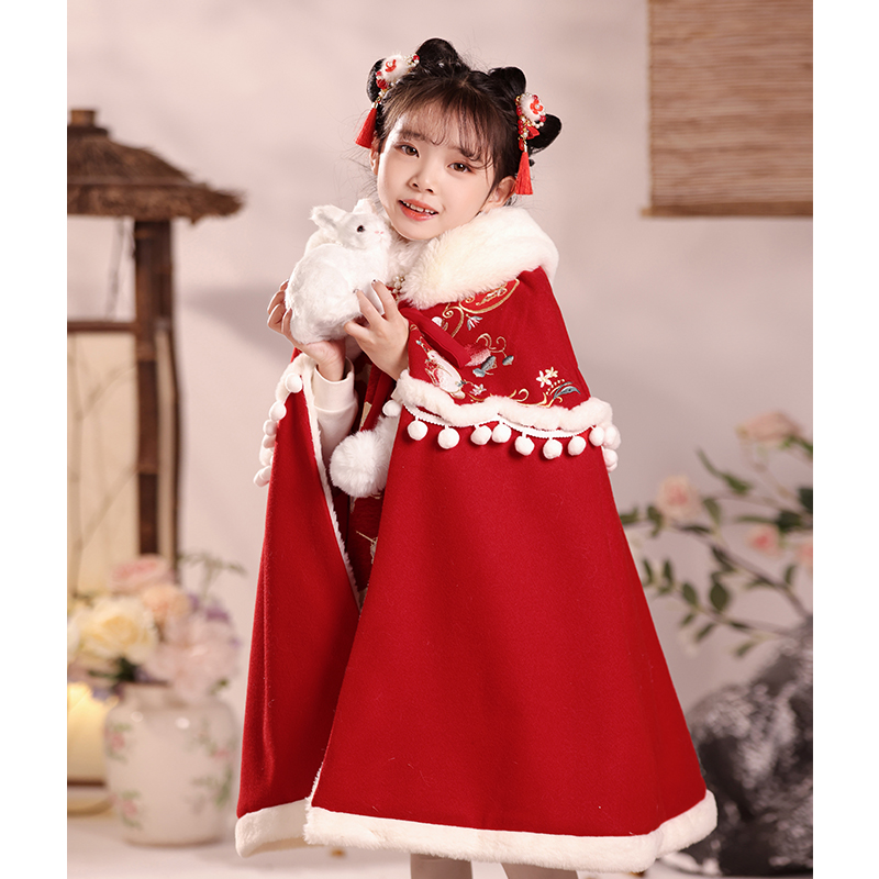Girl Cloister Cape Autumn Winter Out Warm Children Red Ancient Dress Chinese Wind Windproof Plus Suede Thickened Chinese New Year clothes-Taobao