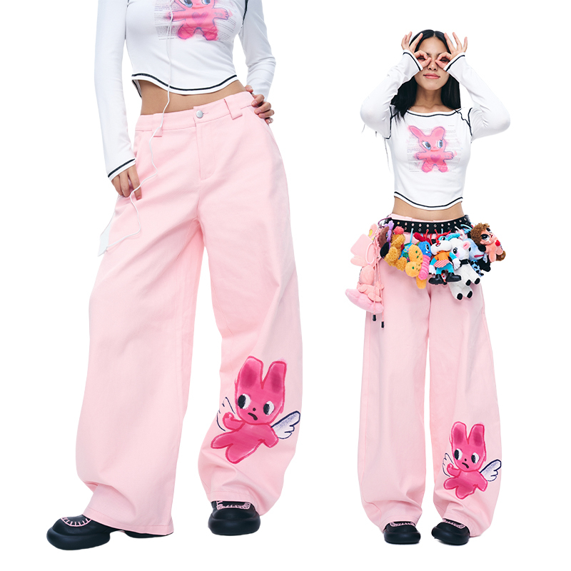 Iscreamcolour Mof Zhang Xiaowan's Same Style Pink Rabbit Scimitar Wide-Leg Pants, Thin Casual Pants for Autumn