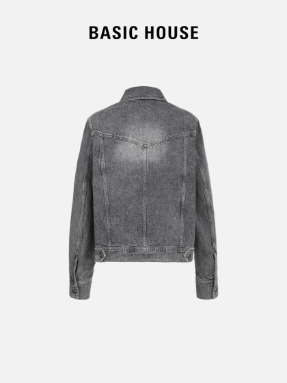 Basic House/百家好美式复古丹宁牛仔外套女2025春季显瘦夹克上衣
