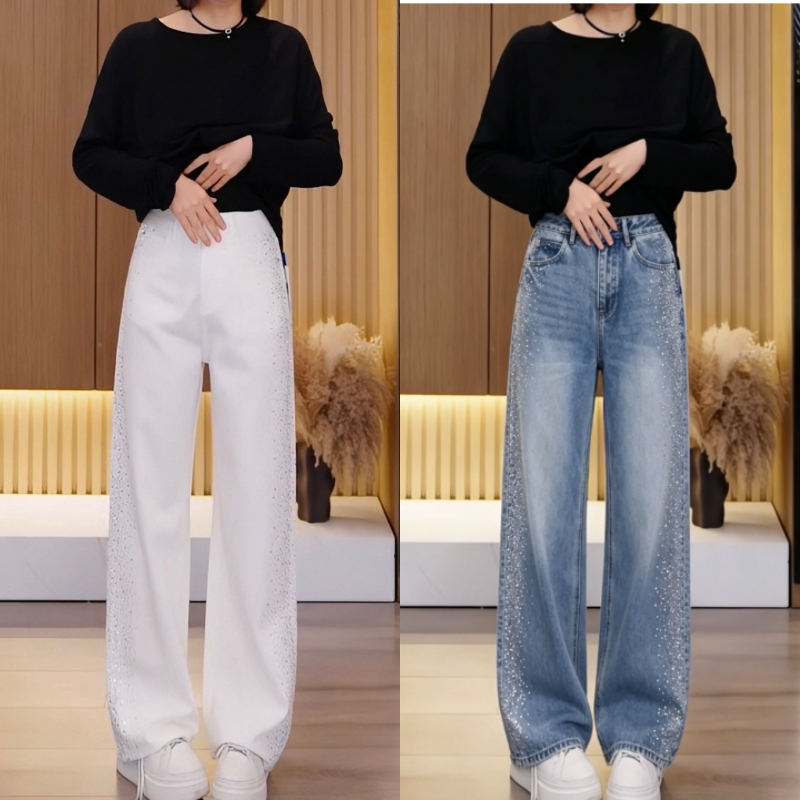 Lyocell/Acetic Acid/Cotton Side Full Rhinestone Series Narrow Straight-Leg Jeans 06S0441