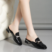 Belle official flagship store exposed genuine leather 2024 spring and summer new sandals and slippers thick heel outer half slippers for women