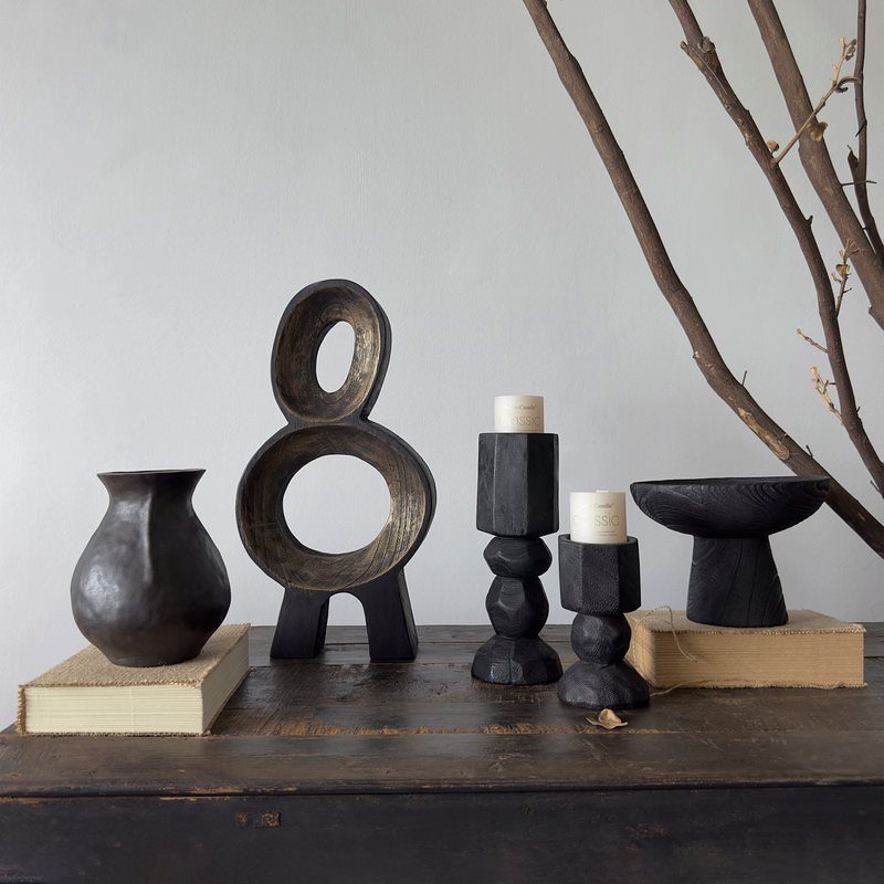 Wabi-Sabi Style Black Wood Carving Ornaments, Creative Ceramic Vase Combination Set, Guesthouse Model Room Side Cabinet Display Ornaments