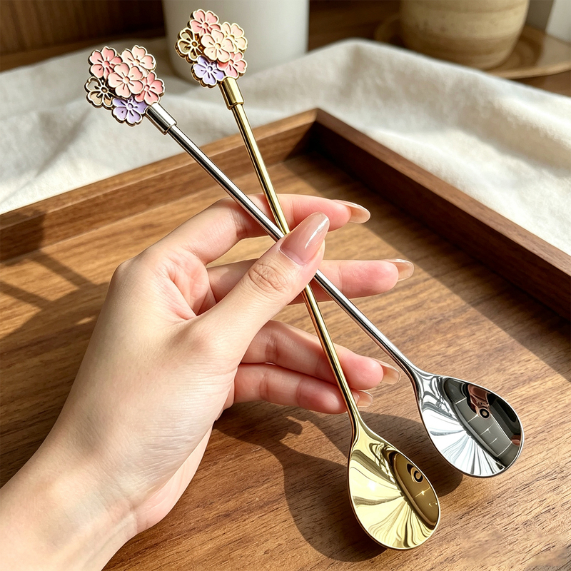 Chinese-Style 304 Stainless Steel Coffee Spoon with Long Handle, Cherry Blossom Spoon, Creative Cute Small Spoon, Ins-Style Dessert Spoon, Stirring Spoon Chinese-Style 304 Stainless Steel Coffee Spoon with Long Handle, Cherry Blossom Spoon, Creative Cute Small Spoon, Ins-Style Dessert Spoon, Stirring Spoon