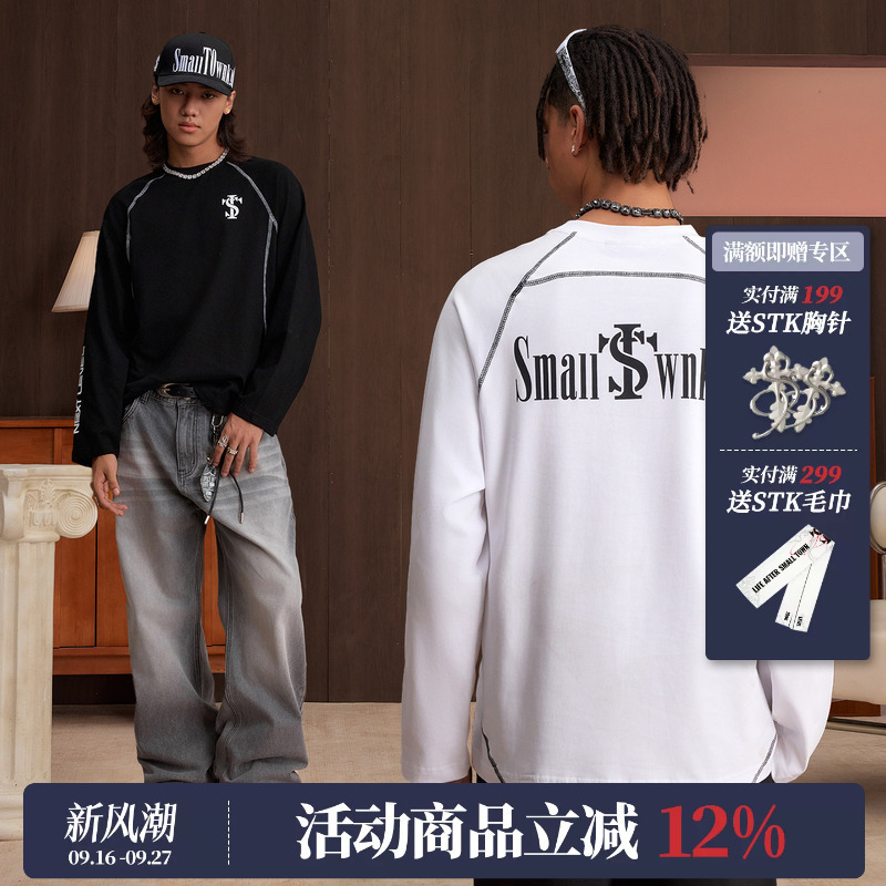 Stk Smalltownkid Exposed Seam Stitching Split Long-Sleeve T-Shirt Sporty Style Unisex Trendy Functional Tee Stk Smalltownkid Exposed Seam Stitching Split Long-Sleeve T-Shirt Sporty Style Unisex Trendy Functional Tee