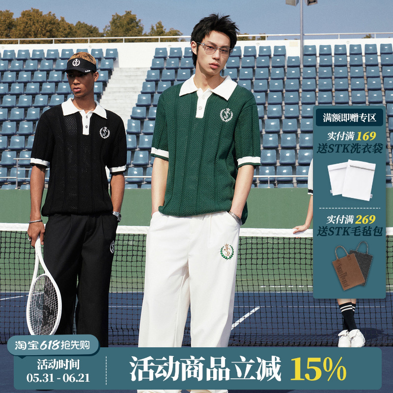 Stk Smalltownkid Tennis Lapel Woolen Short-Sleeved Polo Shirt Lapel Embroidered Sports Style Elegant T-Shirt
