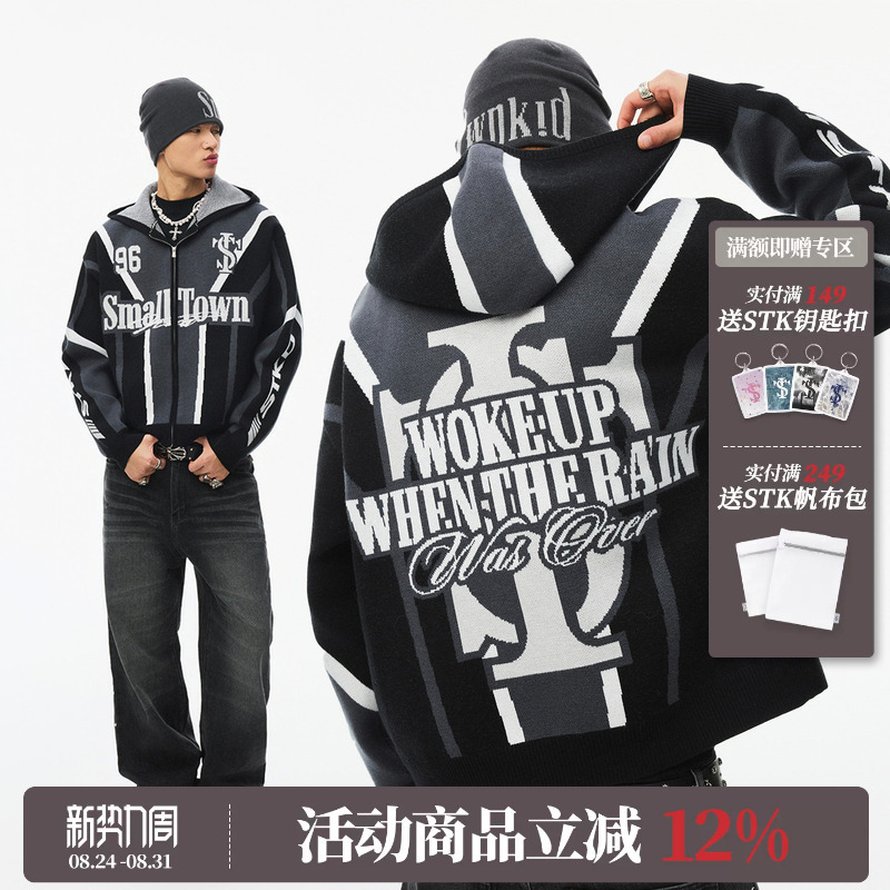 Stk Smalltownkid Racing Hooded Cardigan Sweater Unisex Letter Print Knit Cardigan Jacket Stk Smalltownkid Racing Hooded Cardigan Sweater Unisex Letter Print Knit Cardigan Jacket
