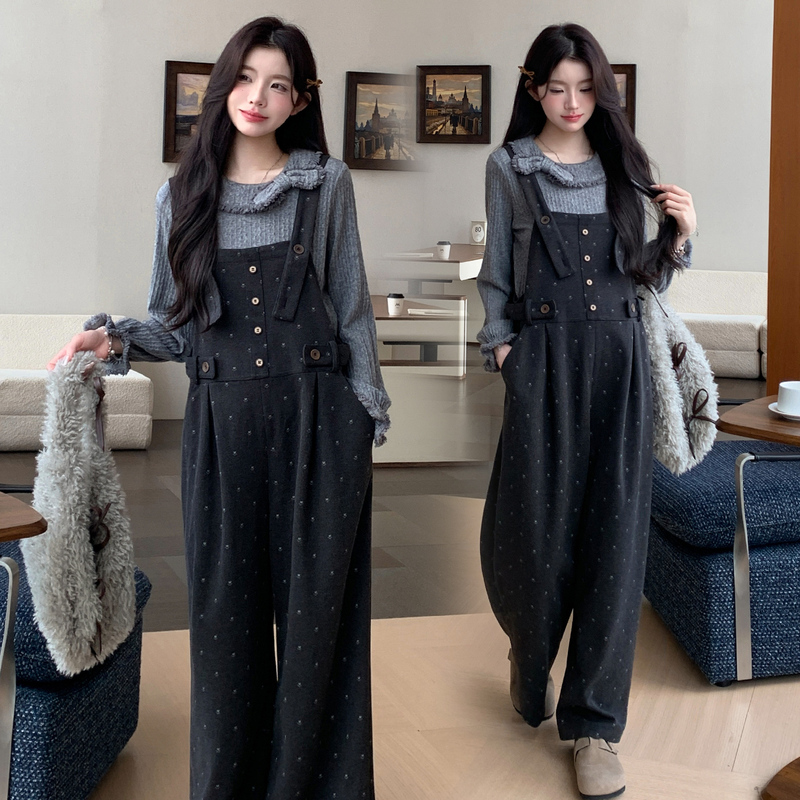 Maternity Overalls Autumn and Winter Retro College Style Small Paw Print Woolen Ruffle Long-Sleeve Set Plus Size Age-Reducing Maternity Overalls Autumn and Winter Retro College Style Small Paw Print Woolen Ruffle Long-Sleeve Set Plus Size Age-Reducing