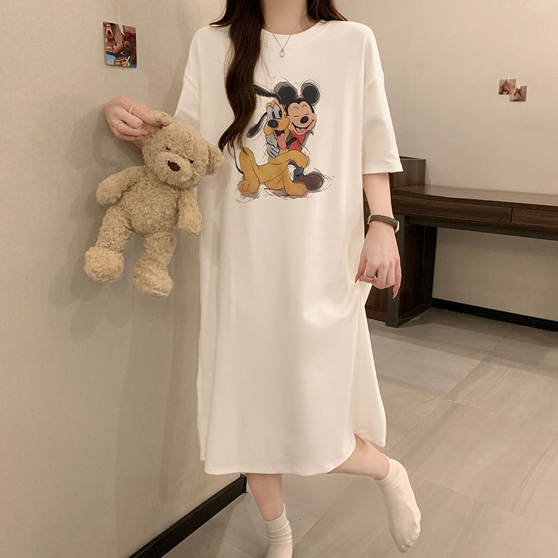 100% Pure Cotton Cartoon Pluto Hello Kitty Round Neck Pullover Cute Girl Short-Sleeved Mid-Length Nightgown Summer New