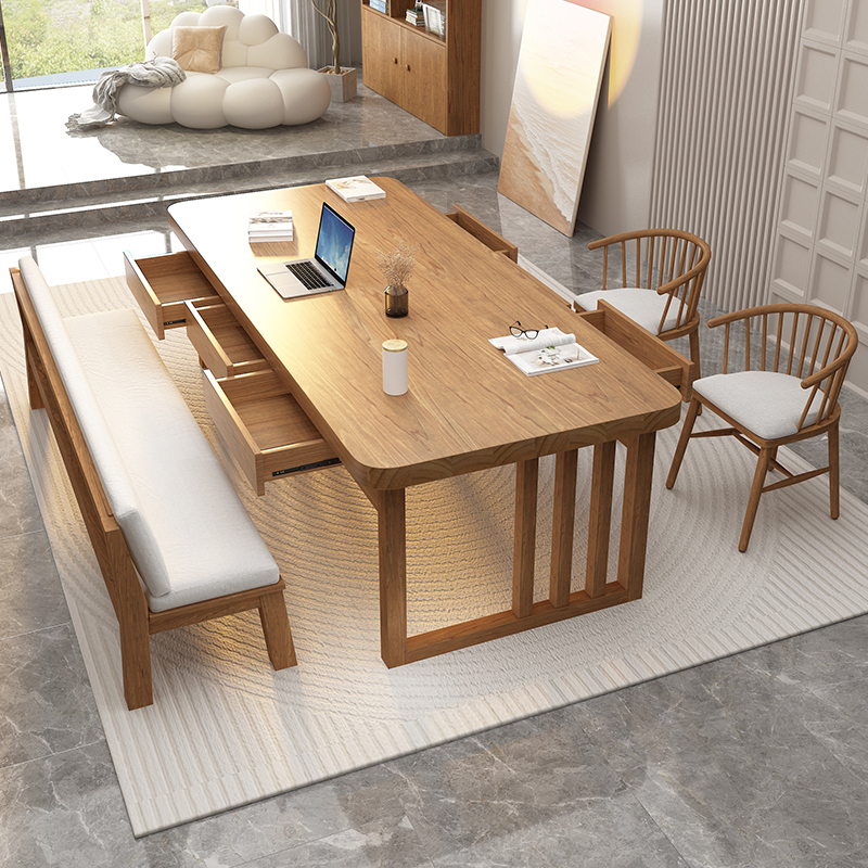 Solid Wood Long Desk with Drawers for Living Room, Home Reading Desk, Study Desk, Workbench, and Dining Desk All-In-One