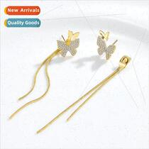 Fashion S925 silver pin butterfly tassel earrings zirconia s