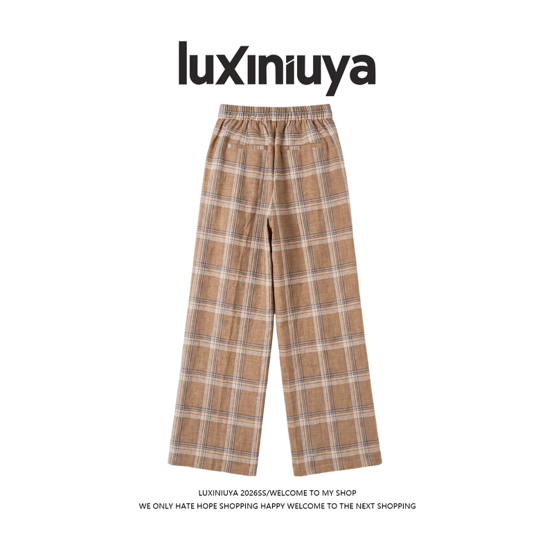Luxiniuya Melard Color Straight-Leg Pants for Women, 100% Linen Caramel Plaid Versatile Casual Pants K1331 Luxiniuya Melard Color Straight-Leg Pants for Women, 100% Linen Caramel Plaid Versatile Casual Pants K1331