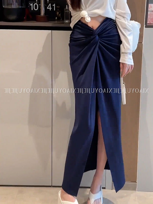 Pure Desire Style Pleated Twist Design V-Shaped High-Waisted Draped Hip-Hugging Skirt for Women, New Summer French High-Slit Long Skirt