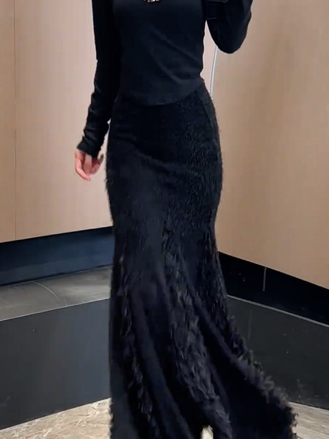 Black High-Waisted Fur Patchwork Design Warm Straight Skirt Winter New Slim Fit Hip-Hugging Fishtail Skirt