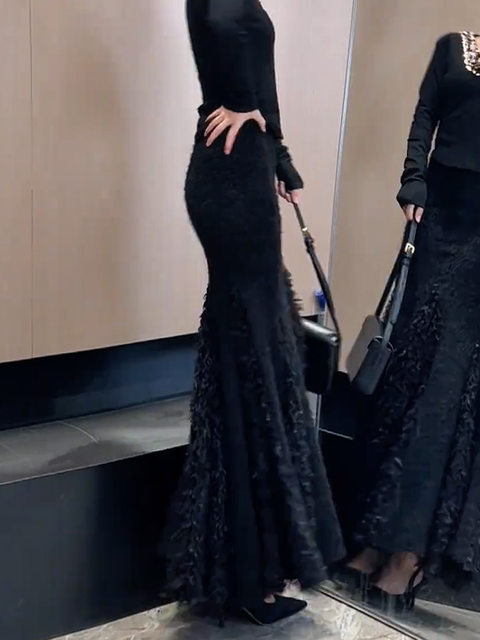 Black High-Waisted Fur Patchwork Design Warm Straight Skirt Winter New Slim Fit Hip-Hugging Fishtail Skirt