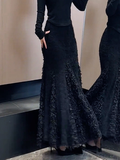 Black high-waisted furry stitching design warm straight skirt winter new slim fit hip-hugging fishtail skirt