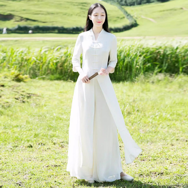 New Chinese-Style High-End Buttoned Zen Clothing Women's Set, National Style Improved White Fairy-Like Zen Cotton and Linen Tea Clothing Two-Piece Set