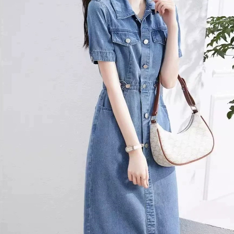 Korean Retro Denim Dress for Women, Summer 2025, High-End, Waist-Cinching, Slimming, Elegant, Age-Reducing, Casual Dress