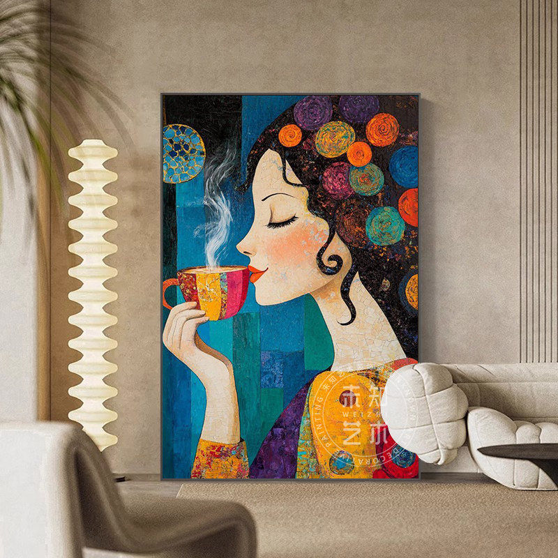 Coffee Girl Abstract Figure Decorative Painting Niche Art Living Room Mural Modern Minimalist Clothing Store Wall Hanging Painting