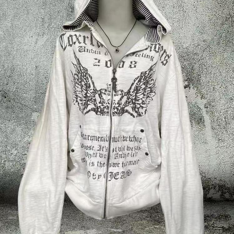 Y2K American Retro White Printed Yabi Culture Sweatshirt Lazy Style Hooded Jacket Women's Autum Retro Top