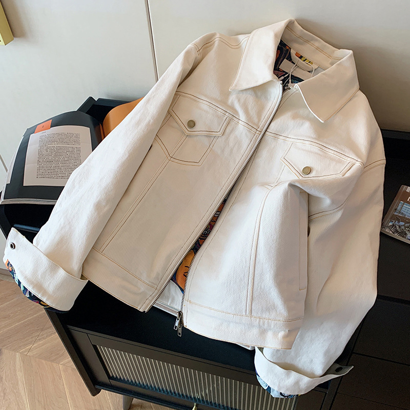 In-Stock American-Style White Oversized Denim Jacket with Visible Stitching and Lapel for Women, New Spring/Autumn Model, Simple and Elegant, Loose Fit