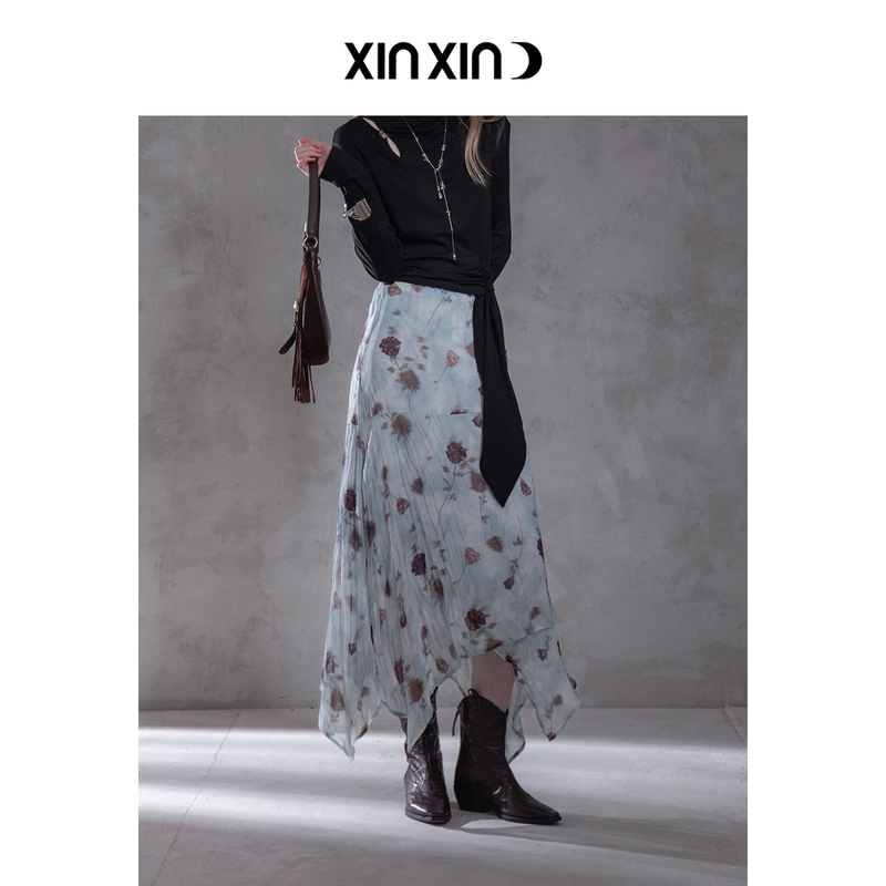 Xinxinyue Early Autumn Wrinkled Texture~Morning Light on Foggy Island Hand-Pressed Pleated Printed Asymmetrical A-Line Skirt Xinxinyue Early Autumn Wrinkled Texture~Morning Light on Foggy Island Hand-Pressed Pleated Printed Asymmetrical A-Line Skirt