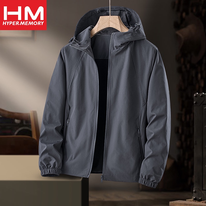 Hm Spring and Autumn Men's New Style Zipper Pocket Hooded Jacket, Thin Fashion Solid Color Outdoor Sports Hiking Coat