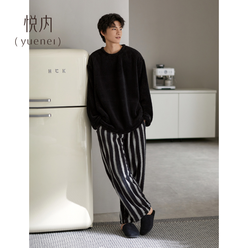 Yue Nei Men's Pajamas Autumn and Winter Coral Fleece Thickened Flannel Plush Round Neck Pullover Loungewear Yue Nei Men's Pajamas Autumn and Winter Coral Fleece Thickened Flannel Plush Round Neck Pullover Loungewear