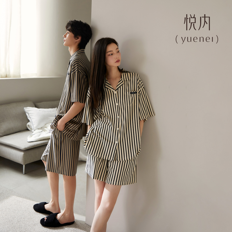 Yue Nei Couple Pajamas for Women, Summer Short-Sleeved Shorts, Pure Cotton Loungewear for Men, Casual Style That Can Be Worn Outside