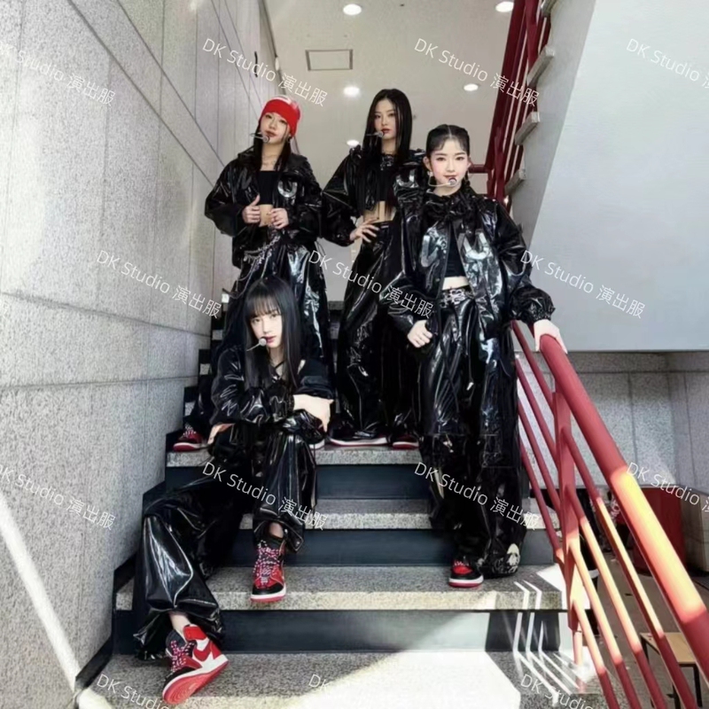 Girls' Group Performance Outfit, Shiny Liquid Leather Pants, Colorful Flowing Wide-Leg Pants, High-Waisted Jazz Dance Street Dance Set for Women Girls' Group Performance Outfit, Shiny Liquid Leather Pants, Colorful Flowing Wide-Leg Pants, High-Waisted Jazz Dance Street Dance Set for Women