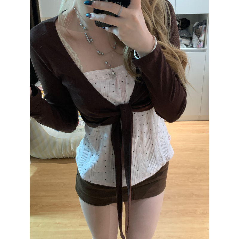 Taro Is the Same as Round [Two-Piece Set with Pink Polka Dots] Spring and Summer Korean Style Pink-Brown Gentle Atmosphere Beauty Camisole Cardigan