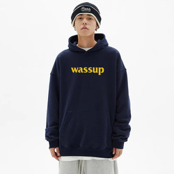 WASSUP Trendy American Letter Fleece-lined Sweatshirt Men's and Women's Heavy weight Hooded Tops Fall and winter Couple Hoodie Outwear