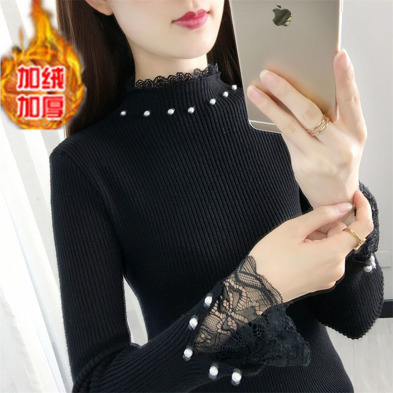 Gush half-height collar bottom-shirt woman fit inside a thick fur coat autumn and winter foreign air new long sleeve burst knitted blouse-Taobao