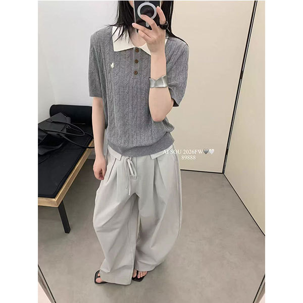 [White Polo Collar Vertical Striped Cable Knit Short-Sleeve Gray] Knitted Sweater, Loose Fit, Slimming, Casual, Fashionable, Versatile