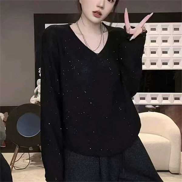 【V-Neck Black Sequin Drop Shoulder Long Sleeve】Round Neck Loose Versatile Fashionable Stylish Spring and Summer Knitwear