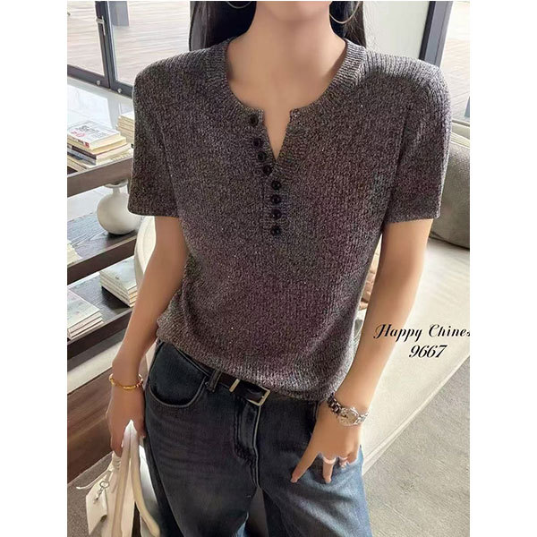 [Sequin Scissor Collar Diagonal Button Gray Short Sleeve] Knitted Sweater Loose Fit Slimming Casual Fashion Versatile Sweater
