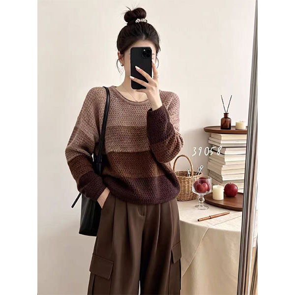 【Coffee-Colored Gradient Wide-Striped Long-Sleeve】 Round-Neck Loose-Fitting Versatile Fashionable Stylish Knit Sweater 【Coffee-Colored Gradient Wide-Striped Long-Sleeve】 Round-Neck Loose-Fitting Versatile Fashionable Stylish Knit Sweater