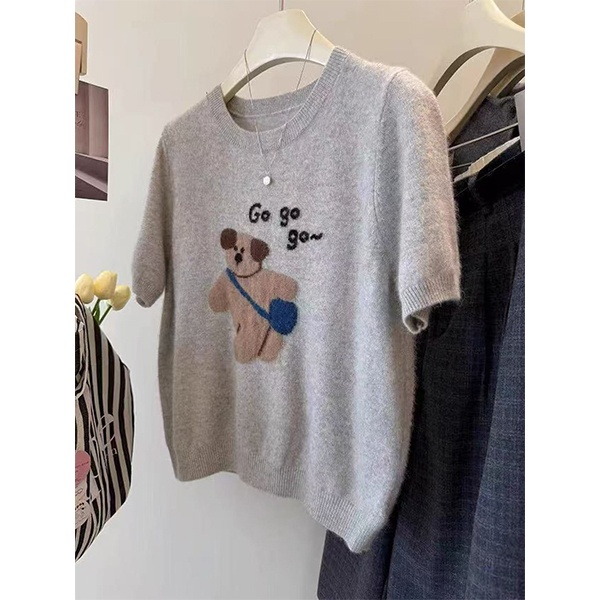 【Mi Xing Backpack Bear Letter Mid-Sleeve】Knitted Sweater, Loose Fit, Slimming, Casual, Fashionable, Versatile Sweater